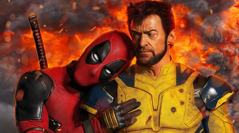 Deadpool e Wolverine lado a lado com explosões ao fundo em cena promocional do filme Deadpool & Wolverine – Multi Nerdz