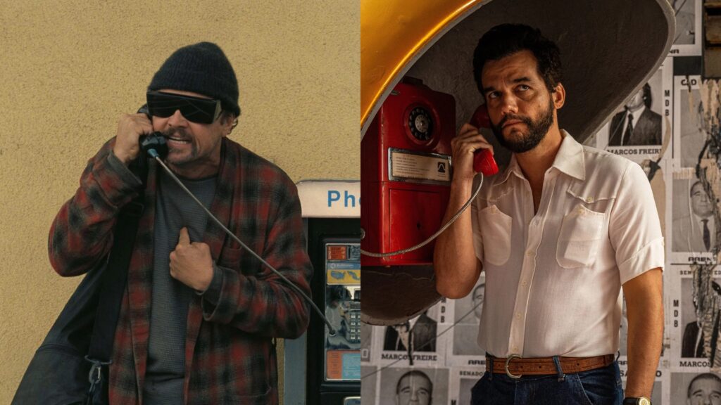 Duas imagens lado a lado: Leonardo DiCaprio no filme Uma Batalha Após a Outra, usando óculos escuros, gorro preto e jaqueta xadrez vermelha enquanto fala ao telefone; e Wagner Moura no filme O Agente Secreto, vestindo camisa branca e falando em um telefone vermelho vintage com expressão séria.
