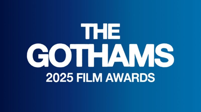 Logo do The Gothams 2025 Film Awards em letras brancas em maiúsculas sobre fundo azul degradê