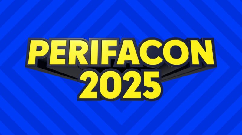 Logo da Perifacon 2025 com letras em amarelo e preto em estilo de quadrinhos sobre fundo azul com padrão de linhas diagonais.