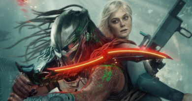 Pôster de Predador: Terras Selvagens com a personagem vivida pela atriz Elle Fanning empunhando rifle futurista às costas do Predador interpretado por Dimitrius Schuster-Koloamatangi, que brandilha lâmina curva vermelha incandescente em meio à névoa de selva.