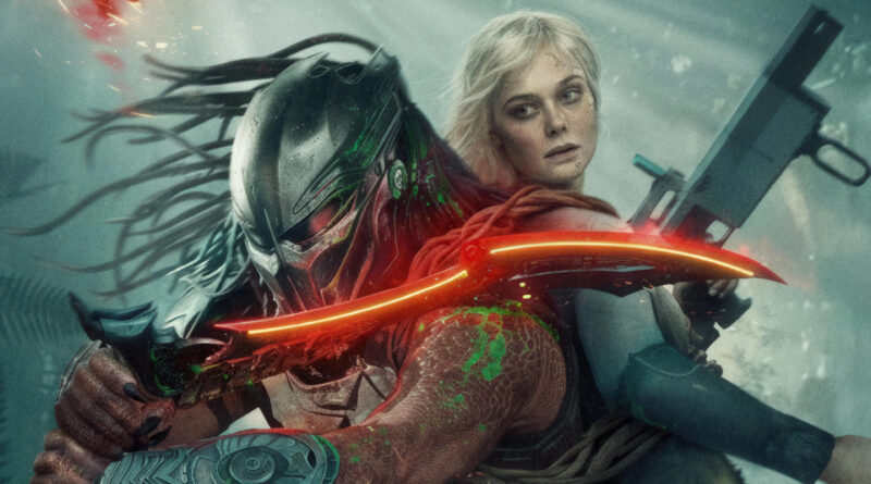 Pôster de Predador: Terras Selvagens com a personagem vivida pela atriz Elle Fanning empunhando rifle futurista às costas do Predador interpretado por Dimitrius Schuster-Koloamatangi, que brandilha lâmina curva vermelha incandescente em meio à névoa de selva.