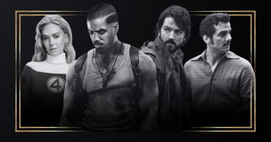 Montagem em preto e branco com moldura dourada destacando a capa da edição do Multi Nerdz Awards 2K25. A imagem reúne os atores: Vanessa Kirby com uniforme em Quarteto Fantástico: Primeiros Passos, Michael B. Jordan olhando para baixo em Pecadores, Diego Luna de jaqueta em Andor e Wagner Moura de bigode olhando para o lado em O Agente Secreto.