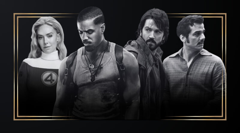 Montagem em preto e branco com moldura dourada destacando a capa da edição do Multi Nerdz Awards 2K25. A imagem reúne os atores: Vanessa Kirby com uniforme em Quarteto Fantástico: Primeiros Passos, Michael B. Jordan olhando para baixo em Pecadores, Diego Luna de jaqueta em Andor e Wagner Moura de bigode olhando para o lado em O Agente Secreto.