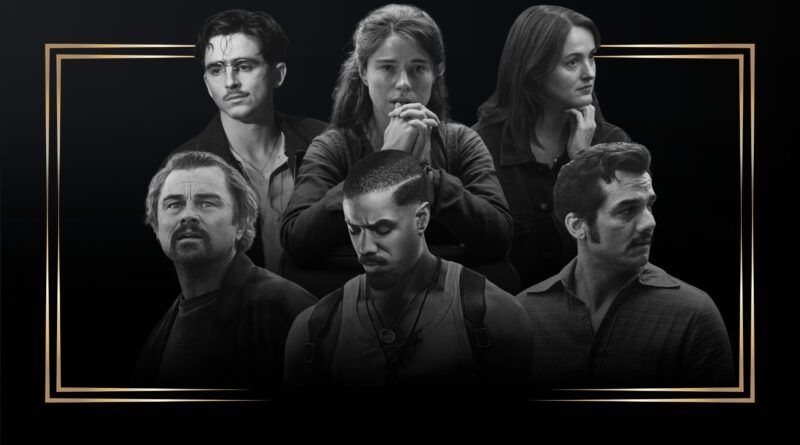 Montagem em preto e branco com moldura dourada destacando a capa dos indicados ao Oscar 2026 no blog Multi Nerdz. No topo: Timothée Chalamet de óculos e bigode em Marty Supreme, Jessie Buckley com as mãos unidas em Hamnet e Renate Reinsve com a mão no queixo em Valor Sentimental. Na base: Leonardo DiCaprio olhando para cima em Uma Batalha Após a Outra, Michael B. Jordan olhando para baixo em Pecadores e Wagner Moura de perfil em O Agente Secreto.