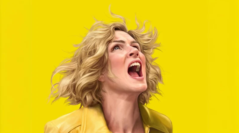 Ilustração vibrante de Rhea Seehorn para a série Pluribus, gritando para o alto com expressão intensa, usando uma jaqueta amarela que se mistura com o fundo amarelo sólido da imagem.