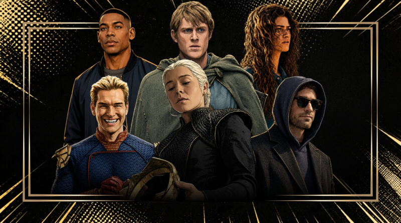 Montagem com detalhes e estilização de quadrinhos destacando a capa das séries mais esperadas de 2026 no Multi Nerdz. A imagem reúne: Aaron Pierre de jaqueta em Lanterns, Peter Claffey com capa medieval em O Cavaleiro dos Sete Reinos, Zendaya de cabelos soltos em Euphoria, Charlie Cox com uniforme do Demolidor em Demolidor: Renascido, Emma D'Arcy olhando para baixo em A Casa do Dragão e Antony Starr sorrindo com as mãos unidas em The Boys.