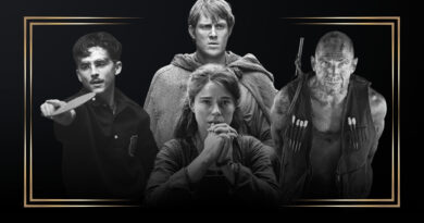 Montagem em preto e branco com moldura dourada destacando as estreias de janeiro no Multi Nerdz. A imagem reúne Timothée Chalamet de óculos segurando uma raquete em Marty Supreme, Peter Claffey com trajes medievais em O Cavaleiro dos Sete Reinos, Jessie Buckley com as mãos unidas em Hamnet: A Vida Antes de Hamlet e Ralph Fiennes usando colete tático em Extermínio: Templo dos Ossos.