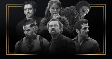 Montagem em preto e branco com moldura dourada ilustrando os vencedores do Critics Choice Awards no blog Multi Nerdz. A imagem reúne: Timothée Chalamet de óculos e bigode em Marty Supreme, Jessie Buckley com as mãos unidas em Hamnet: A Vida Antes de Hamlet, Jacob Elordi caracterizado como o monstro em Frankenstein, Michael B. Jordan olhando para baixo em Pecadores, Leonardo DiCaprio com expressão de espanto em Uma Batalha Após a Outra e Wagner Moura olhando para o lado em O Agente Secreto.