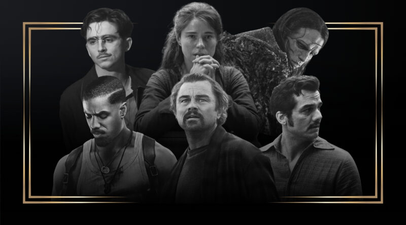 Montagem em preto e branco com moldura dourada ilustrando os vencedores do Critics Choice Awards no blog Multi Nerdz. A imagem reúne: Timothée Chalamet de óculos e bigode em Marty Supreme, Jessie Buckley com as mãos unidas em Hamnet: A Vida Antes de Hamlet, Jacob Elordi caracterizado como o monstro em Frankenstein, Michael B. Jordan olhando para baixo em Pecadores, Leonardo DiCaprio com expressão de espanto em Uma Batalha Após a Outra e Wagner Moura olhando para o lado em O Agente Secreto.