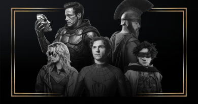 Montagem em preto e branco com moldura dourada destacando a capa dos filmes mais esperados de 2026 no Multi Nerdz. A imagem reúne: Robert Downey Jr. segurando uma máscara de metal em Vingadores: Doutor Destino, Matt Damon de perfil usando elmo grego em A Odisseia, Milly Alcock de óculos escuros e uniforme em Supergirl, Tom Holland no centro com traje de Homem-Aranha: Um Novo Dia e Timothée Chalamet com venda nos olhos em Duna: Parte 3.