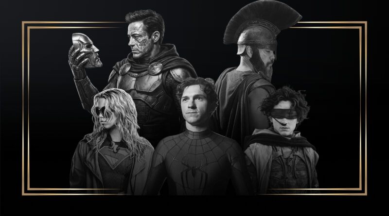 Montagem em preto e branco com moldura dourada destacando a capa dos filmes mais esperados de 2026 no Multi Nerdz. A imagem reúne: Robert Downey Jr. segurando uma máscara de metal em Vingadores: Doutor Destino, Matt Damon de perfil usando elmo grego em A Odisseia, Milly Alcock de óculos escuros e uniforme em Supergirl, Tom Holland no centro com traje de Homem-Aranha: Um Novo Dia e Timothée Chalamet com venda nos olhos em Duna: Parte 3.