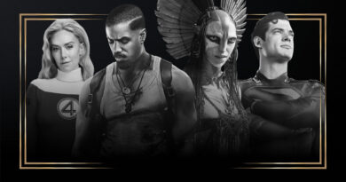 Montagem em preto e branco com moldura dourada destacando a capa dos indicados ao Saturn Awards 2026 no blog Multi Nerdz. A imagem reúne: Vanessa Kirby com uniforme em Quarteto Fantástico: Primeiros Passos, Michael B. Jordan de chapéu em Pecadores, a Na'vi Varang (do Povo das Cinzas) com pinturas corporais em Avatar: Fogo e Cinzas e David Corenswet com o traje clássico em Superman.