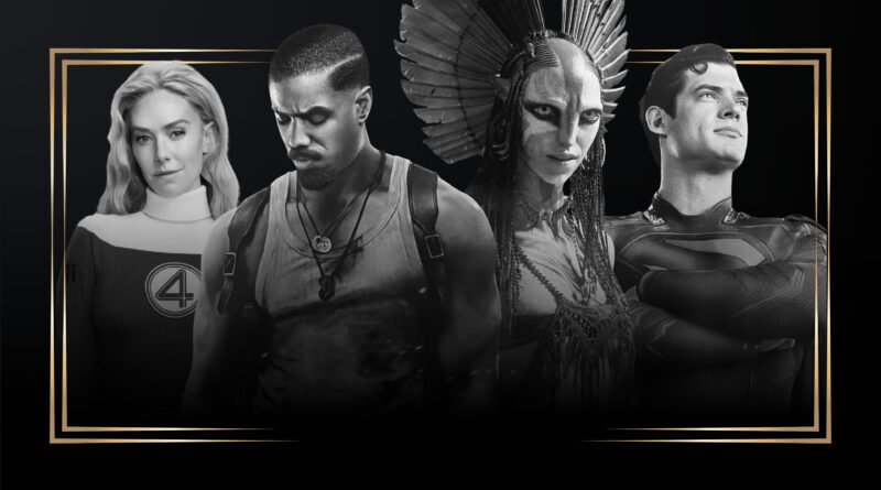 Montagem em preto e branco com moldura dourada destacando a capa dos indicados ao Saturn Awards 2026 no blog Multi Nerdz. A imagem reúne: Vanessa Kirby com uniforme em Quarteto Fantástico: Primeiros Passos, Michael B. Jordan de chapéu em Pecadores, a Na'vi Varang (do Povo das Cinzas) com pinturas corporais em Avatar: Fogo e Cinzas e David Corenswet com o traje clássico em Superman.