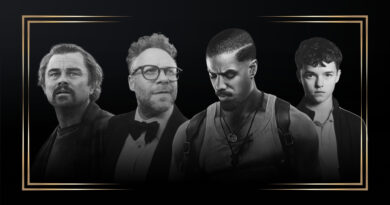 Montagem em preto e branco com moldura dourada destacando a capa dos indicados ao Actor Awards 2026 no Multi Nerdz. A imagem reúne: Leonardo DiCaprio com expressão de espanto em Uma Batalha Após a Outra, Seth Rogen de óculos e smoking em O Estúdio, Michael B. Jordan olhando para baixo em Pecadores e o jovem Owen Cooper com expressão séria em Adolescência.