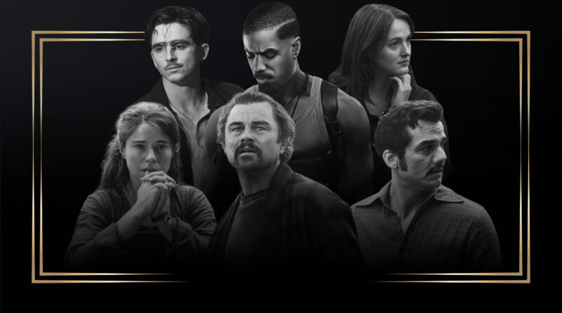 Montagem em preto e branco com moldura dourada destacando a capa dos indicados ao BAFTA 2026 no blog Multi Nerdz. Na fileira de cima: Timothée Chalamet em Marty Supreme, Michael B. Jordan em Pecadores e Renate Reinsve em Valor Sentimental. Na fileira de baixo: Jessie Buckley em Hamnet, Leonardo DiCaprio em Uma Batalha Após a Outra e Wagner Moura em O Agente Secreto.