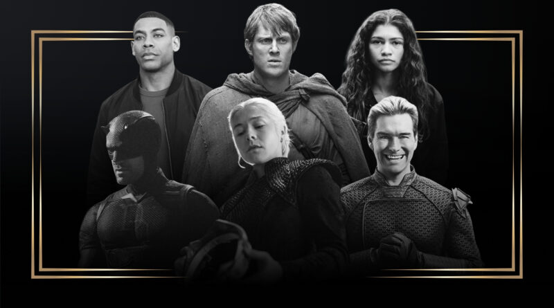 Montagem em preto e branco com moldura dourada destacando a capa das séries mais esperadas de 2026 no Multi Nerdz. A imagem reúne: Aaron Pierre de jaqueta em Lanterns, Peter Claffey com capa medieval em O Cavaleiro dos Sete Reinos, Zendaya de cabelos soltos em Euphoria, Charlie Cox com uniforme do Demolidor em Demolidor: Renascido, Emma D'Arcy olhando para baixo em A Casa do Dragão e Antony Starr sorrindo com as mãos unidas em The Boys.