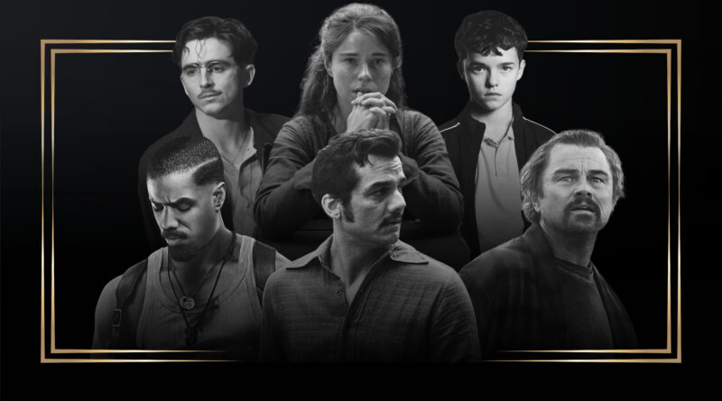 Montagem em preto e branco com moldura dourada destacando a capa dos vencedores do Globo de Ouro 2026 no Multi Nerdz. A imagem reúne: Timothée Chalamet de óculos e bigode em Marty Supreme, Jessie Buckley com as mãos unidas em Hamnet, o jovem Owen Cooper em Adolescência, Michael B. Jordan olhando para baixo em Pecadores, Wagner Moura de perfil olhando para o lado em O Agente Secreto e Leonardo DiCaprio com expressão de espanto em Uma Batalha Após a Outra.