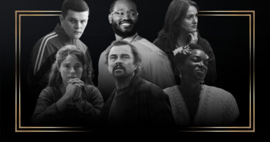 Montagem em tons de preto e branco, envolvida por uma fina moldura dourada retangular sobre um fundo escuro, destacando seis grandes nomes do BAFTA 2026. Na fileira superior, da esquerda para a direita, estão o ator Robert Aramayo vestindo um agasalho esportivo, o diretor Ryan Coogler sorrindo e usando óculos, e a atriz Renate Reinsve com a mão próxima ao queixo. Na fileira inferior, estão a atriz Jessie Buckley com as mãos unidas, o ator Leonardo DiCaprio de bigode olhando levemente para cima, e a atriz Wunmi Mosaku com pequenas flores brancas no cabelo.