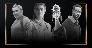 Montagem em preto e branco com moldura dourada destacando a capa das estreias de fevereiro no blog Multi Nerdz. A imagem reúne: Sergi López com expressão séria em Sirât, Margot Robbie com trajes de época em O Morro dos Ventos Uivantes, o bode protagonista da animação Um Cabra Bom de Bola segurando uma bola de basquete e Sterling K. Brown em Paradise.