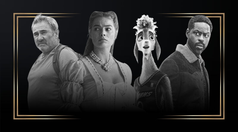 Montagem em preto e branco com moldura dourada destacando a capa das estreias de fevereiro no blog Multi Nerdz. A imagem reúne: Sergi López com expressão séria em Sirât, Margot Robbie com trajes de época em O Morro dos Ventos Uivantes, o bode protagonista da animação Um Cabra Bom de Bola segurando uma bola de basquete e Sterling K. Brown em Paradise.