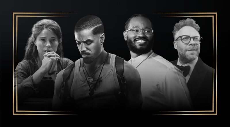 Montagem em preto e branco com moldura dourada destacando a capa no blog Multi Nerdz. A imagem reúne: Jessie Buckley caracterizada em Hamnet, Michael B. Jordan em cena de Pecadores, o diretor Ryan Coogler (de Pecadores), e Seth Rogen caracterizado em O Estúdio.