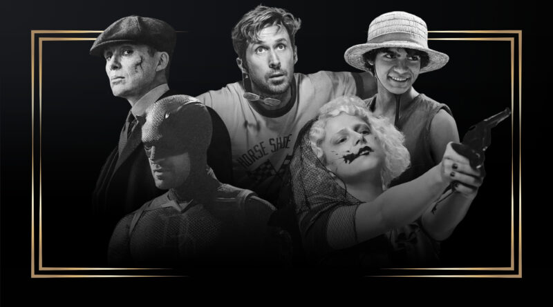 Montagem em preto e branco com moldura dourada destacando a capa das estreias de março de 2026 no blog Multi Nerdz. A imagem reúne: Cillian Murphy caracterizado em Peaky Blinders: O Homem Imortal, Ryan Gosling em Devoradores de Estrelas, Iñaki Godoy em One Piece, Charlie Cox com o traje de herói em Demolidor: Renascido e Jessie Buckley caracterizada em A Noiva!.