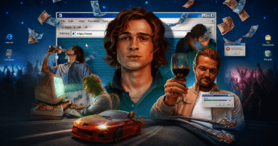 Pôster de colagem digital para o filme O Rei da Internet, com o ator João Guilherme no centro, olhando sério para a frente. À sua direita, o ator Marcelo Serrado segura uma taça de vinho tinto e sorri levemente. Ao redor, cenas menores mostram João Guilherme bebendo de uma garrafa e digitando em um computador desktop antigo com a tela refletida no rosto. Há também uma cena dele beijando uma mulher e silhuetas de uma multidão de festa nas laterais. O cenário de fundo é um desktop de computador retro com janelas de navegador, erro e ícones, como Internet, My Computer e Recycle. Cédulas de dinheiro reais e um carro esportivo vermelho estão em movimento. Capa do pôster e crítica do filme no blog Multi Nerdz.