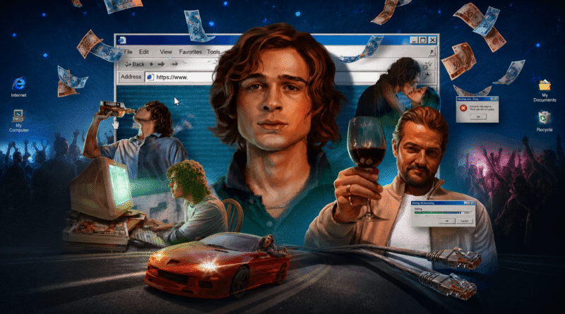 Pôster de colagem digital para o filme O Rei da Internet, com o ator João Guilherme no centro, olhando sério para a frente. À sua direita, o ator Marcelo Serrado segura uma taça de vinho tinto e sorri levemente. Ao redor, cenas menores mostram João Guilherme bebendo de uma garrafa e digitando em um computador desktop antigo com a tela refletida no rosto. Há também uma cena dele beijando uma mulher e silhuetas de uma multidão de festa nas laterais. O cenário de fundo é um desktop de computador retro com janelas de navegador, erro e ícones, como Internet, My Computer e Recycle. Cédulas de dinheiro reais e um carro esportivo vermelho estão em movimento. Capa do pôster e crítica do filme no blog Multi Nerdz.