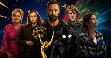 Ilustração digital reunindo personagens e atores das séries indicadas ao Emmy 2026, contra um fundo azul escuro decorado com feixes de luz brilhantes em tons de amarelo, vermelho e verde, além de pequenas estrelas douradas. Da esquerda para a direita, ao fundo: a atriz Jean Smart (de Hacks) sorrindo, com cabelos curtos e loiros, vestindo um elegante vestido rosa magenta com plumas nas mangas; a atriz Hannah Einbinder (de Hacks) com expressão neutra, vestindo um terno marrom sobre camisa preta; no centro e um pouco mais alto, o ator Noah Wyle (de The Pitt) com barba e um estetoscópio no pescoço sobre um uniforme médico escuro; o ator Peter Claffey (de O Cavaleiro dos Sete Reinos) com trajes medievais e uma capa rústica; e a atriz Zendaya (de Euphoria) olhando de forma melancólica para cima, vestindo uma camisa listrada em azul e cinza. Em primeiro plano, no centro-esquerda, destaca-se a estatueta dourada do Emmy, e no centro-direita, o personagem Spider-Noir aparece agachado em uma pose dinâmica de ação, usando seu clássico traje preto, sobretudo, chapéu fedora e máscara com olhos brancos luminosos. Capa do texto com indicados ao Emmy 2026 no blog Multi Nerdz.