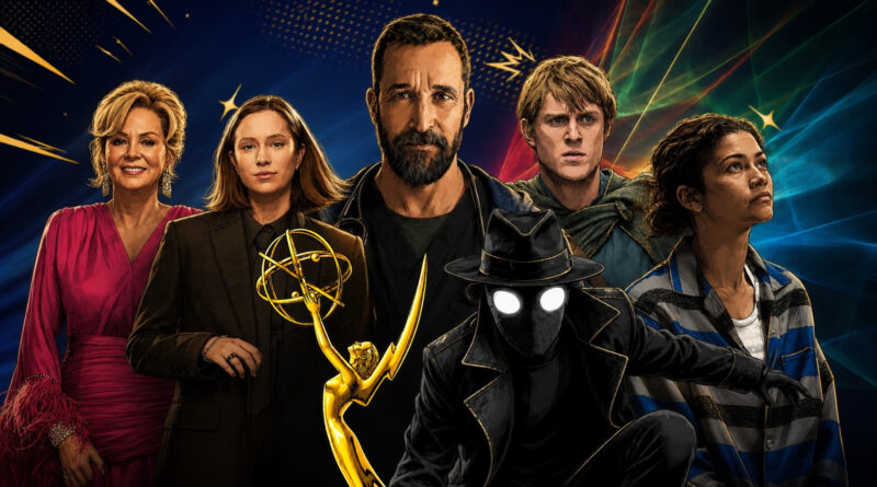 Ilustração digital reunindo personagens e atores das séries indicadas ao Emmy 2026, contra um fundo azul escuro decorado com feixes de luz brilhantes em tons de amarelo, vermelho e verde, além de pequenas estrelas douradas. Da esquerda para a direita, ao fundo: a atriz Jean Smart (de Hacks) sorrindo, com cabelos curtos e loiros, vestindo um elegante vestido rosa magenta com plumas nas mangas; a atriz Hannah Einbinder (de Hacks) com expressão neutra, vestindo um terno marrom sobre camisa preta; no centro e um pouco mais alto, o ator Noah Wyle (de The Pitt) com barba e um estetoscópio no pescoço sobre um uniforme médico escuro; o ator Peter Claffey (de O Cavaleiro dos Sete Reinos) com trajes medievais e uma capa rústica; e a atriz Zendaya (de Euphoria) olhando de forma melancólica para cima, vestindo uma camisa listrada em azul e cinza. Em primeiro plano, no centro-esquerda, destaca-se a estatueta dourada do Emmy, e no centro-direita, o personagem Spider-Noir aparece agachado em uma pose dinâmica de ação, usando seu clássico traje preto, sobretudo, chapéu fedora e máscara com olhos brancos luminosos. Capa do texto com indicados ao Emmy 2026 no blog Multi Nerdz.