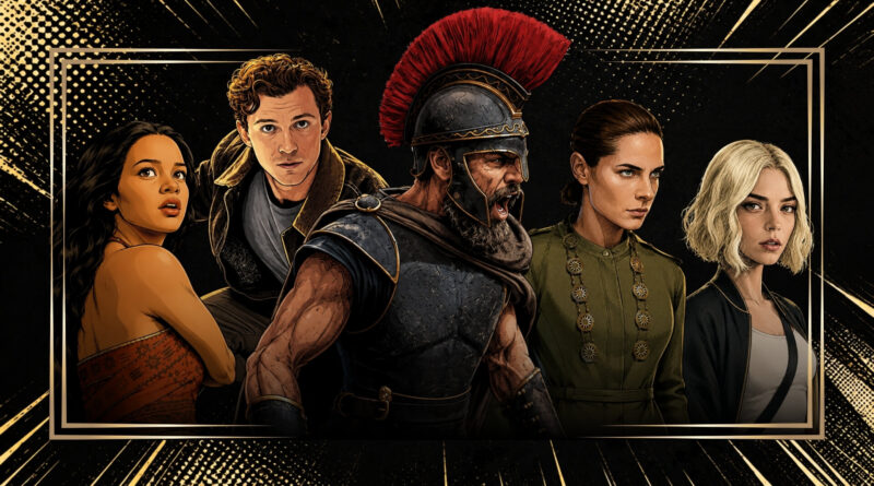Ilustração digital reunindo os atores protagonistas das estreias de julho de 2026, emoldurados por uma dupla borda dourada. O fundo externo à moldura é preto, decorado com grafismos dinâmicos de pontos e linhas diagonais douradas. Da esquerda para a direita: a atriz Catherine Laga'aia como Moana, com longos cabelos escuros e top laranja estampado, olhando por cima do ombro; o ator Tom Holland como Peter Parker (de Homem-Aranha: Um Novo Dia), com cabelos ondulados, jaqueta escura e expressão apreensiva; no centro, o ator Matt Damon como o protagonista de A Odisseia, caracterizado como um guerreiro grego musculoso e barbudo gritando ferozmente, vestido com armadura escura e um capacete com uma grande crista vermelha; a atriz Rebecca Ferguson como Juliette (de Silo), com o cabelo preso, expressão séria e vestindo um uniforme utilitário verde com adornos metálicos no peito; e, por fim, a atriz Anya Taylor-Joy como a protagonista de Lucky, uma jovem de cabelos curtos loiros, vestindo jaqueta preta sobre blusa branca, encarando o espectador com um olhar neutro. Capa do texto de estreias de julho de 2026 no blog Multi Nerdz.
