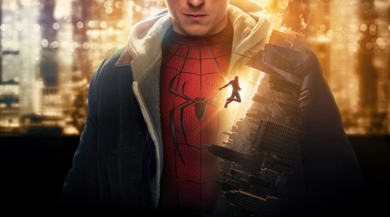 Pôster de ‘Homem-Aranha: Um Novo Dia’ com Tom Holland caracterizado como Peter Parker, vestindo o traje do Homem-Aranha sob uma jaqueta, diante de uma cidade iluminada, enquanto o herói aparece entre arranha-céus inclinados.