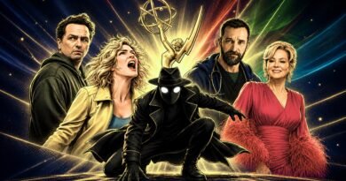 Ilustração em estilo de quadrinhos usada como capa do texto sobre os vencedores do Emmy 2026 no blog Multi Nerdz. A montagem reúne Matthew Rhys, de ‘O Segredo de Widow’s Bay’; Rhea Seehorn, de ‘Pluribus’; Nicolas Cage caracterizado como Spider-Noir, agachado ao centro com sobretudo, chapéu e máscara de olhos brancos; Noah Wyle, de ‘The Pitt’, usando roupa de médico com estetoscópio; e Jean Smart, de ‘Hacks’, com vestido rosa. Ao fundo, a estatueta dourada do Emmy aparece cercada por feixes de luz coloridos e textura de quadrinhos.