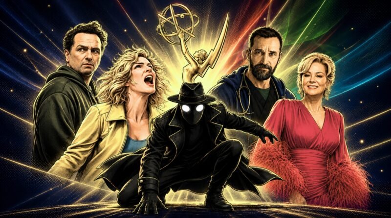 Ilustração em estilo de quadrinhos usada como capa do texto sobre os vencedores do Emmy 2026 no blog Multi Nerdz. A montagem reúne Matthew Rhys, de ‘O Segredo de Widow’s Bay’; Rhea Seehorn, de ‘Pluribus’; Nicolas Cage caracterizado como Spider-Noir, agachado ao centro com sobretudo, chapéu e máscara de olhos brancos; Noah Wyle, de ‘The Pitt’, usando roupa de médico com estetoscópio; e Jean Smart, de ‘Hacks’, com vestido rosa. Ao fundo, a estatueta dourada do Emmy aparece cercada por feixes de luz coloridos e textura de quadrinhos.