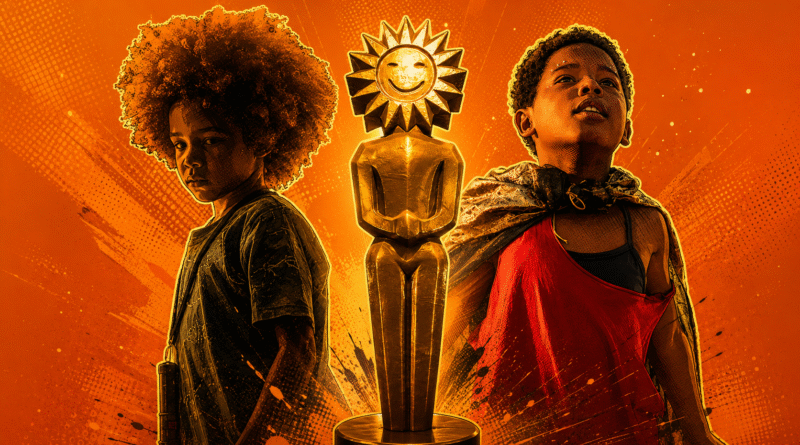 Capa em estilo de quadrinhos para o texto sobre os vencedores do Festival de Cinema de Gramado 2026, com o troféu Kikito dourado ao centro e os atores mirins Efraim Santos, que interpreta Tutu em ‘Nosso Segredo’, e Yuri Gomes, que vive Gugu em ‘Feito Pipa’, os dois filmes de maior destaque da premiação.