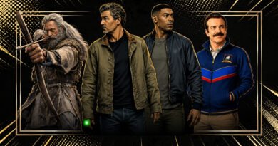 Arte em estilo de quadrinhos reúne Hugh Jackman caracterizado como Robin Hood em ‘A Morte de Robin Hood’, Kyle Chandler como Hal Jordan e Aaron Pierre como John Stewart em ‘Lanternas’, além de Jason Sudeikis como Ted Lasso.