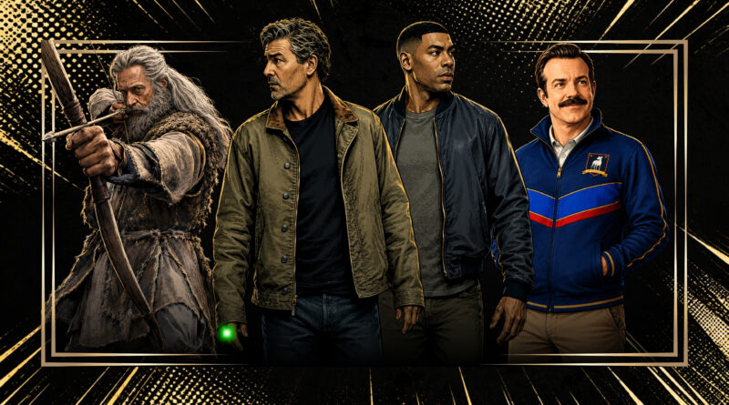 Arte em estilo de quadrinhos reúne Hugh Jackman caracterizado como Robin Hood em ‘A Morte de Robin Hood’, Kyle Chandler como Hal Jordan e Aaron Pierre como John Stewart em ‘Lanternas’, além de Jason Sudeikis como Ted Lasso.