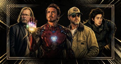 Capa das estreias de setembro no blog Multi Nerdz, em estilo de quadrinhos com fundo preto, textura halftone e detalhes dourados. A composição reúne Gary Oldman como Jackson Lamb em ‘Slow Horses’, usando terno e óculos; Robert Downey Jr. como Tony Stark/Homem de Ferro, com a armadura e a Manopla do Infinito; Brad Pitt como James Belmont em ‘Coração Selvagem’, usando boné, óculos escuros e jaqueta; e Austin Abrams como Bryan no novo filme ‘Resident Evil’, com roupas escuras e mochila.