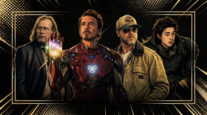 Capa das estreias de setembro no blog Multi Nerdz, em estilo de quadrinhos com fundo preto, textura halftone e detalhes dourados. A composição reúne Gary Oldman como Jackson Lamb em ‘Slow Horses’, usando terno e óculos; Robert Downey Jr. como Tony Stark/Homem de Ferro, com a armadura e a Manopla do Infinito; Brad Pitt como James Belmont em ‘Coração Selvagem’, usando boné, óculos escuros e jaqueta; e Austin Abrams como Bryan no novo filme ‘Resident Evil’, com roupas escuras e mochila.