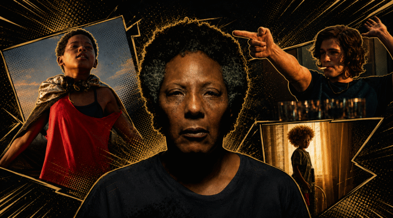 Arte de capa em estilo de quadrinhos para o texto sobre os filmes inscritos para representar o Brasil no Oscar 2027, com Yuri Gomes como Gugu em ‘Feito Pipa’ à esquerda, Rejane Faria como Vicentina ao centro, João Guilherme como Daniel Nascimento em ‘O Rei da Internet’ no canto superior direito e Efraim Santos como Tutu em ‘Nosso Segredo’ no canto inferior direito.