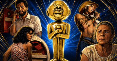 Capa em estilo de quadrinhos para o texto sobre os vencedores do Grande Prêmio Otelo 2026, com o troféu dourado da premiação ao centro e, ao redor, Wagner Moura como Marcelo em ‘O Agente Secreto’, Jamilli Correa como Marcielle em ‘Manas’, Jesuíta Barbosa como Ney Matogrosso em ‘Homem com H’ e Denise Weinberg como Tereza em ‘O Último Azul’.