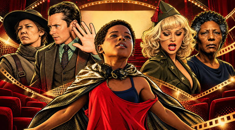 Montagem em estilo de quadrinhos usada como capa do texto com informações do Festival do Rio 2026 no blog Multi Nerdz. A imagem reúne alguns dos principais filmes do festival: à esquerda, Sandra Hüller, protagonista de Rose, usando chapéu e roupas em tons terrosos; ao lado, Jack O’Connell, de Ink, de terno e gravata, com a mão levantada; no centro, Yuri Gomes, de Feito Pipa, em pose heroica com capa dourada e roupa vermelha; à direita, Penélope Cruz, representando A Bola Preta, com cabelo loiro e figurino militar; e, na ponta direita, Rejane Faria, protagonista de Vicentina Pede Desculpas. Ao fundo, a arte mostra poltronas vermelhas de cinema, tiras de película e iluminação dourada, reforçando o clima cinematográfico da ilustração.