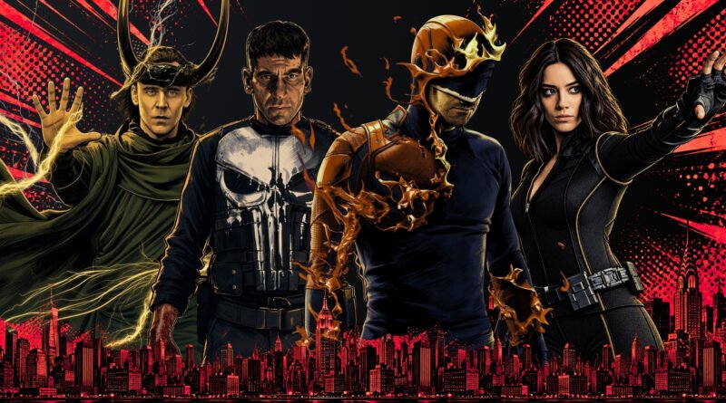 Arte em estilo de quadrinhos usada como capa do texto sobre os 20 melhores episódios de séries da Marvel segundo o IMDb no blog Multi Nerdz. A imagem mostra, da esquerda para a direita, Tom Hiddleston como Loki, com chifres e energia nas mãos; Jon Bernthal como Justiceiro, com uniforme preto e o símbolo de caveira no peito; Charlie Cox como Demolidor, com traje escuro e detalhes avermelhados; e Chloe Bennet como Daisy Johnson, de Agents of S.H.I.E.L.D., em pose de combate. Ao fundo, há uma paisagem urbana em vermelho e preto, com prédios de Nova York e elementos gráficos que reforçam o visual dramático da montagem.