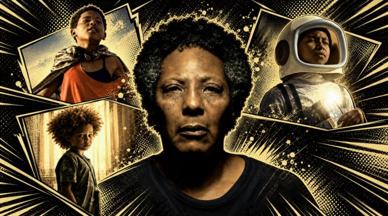 Montagem em estilo de quadrinhos sobre a shortlist de filmes brasileiros na disputa por uma indicação a Melhor Filme Internacional no Oscar 2027. A arte traz Yuri Gomes como Gugu, de ‘Feito Pipa’, no canto superior esquerdo; Efraim Santos como Tutu, de ‘Nosso Segredo’, no canto inferior esquerdo; Rejane Faria como Vicentina, de ‘Vicentina Pede Desculpas’, em destaque no centro; e uma das jovens protagonistas de ‘A Fabulosa Máquina do Tempo’, usando um traje de astronauta, no canto superior direito. O fundo preto combina painéis, textura halftone e detalhes em dourado.