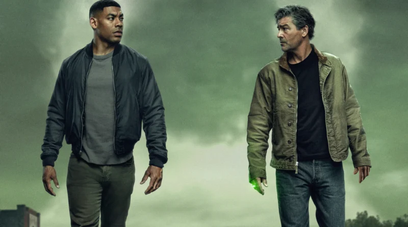 Imagem promocional de ‘Lanternas’, da DC Studios, usada como capa da crítica da série no blog Multi Nerdz. Aaron Pierre aparece à esquerda como John Stewart, usando jaqueta escura e encarando Kyle Chandler, à direita, como Hal Jordan. Os dois protagonistas estão diante de um céu nublado em tons esverdeados, enquanto Hal segura a mão parcialmente fechada com o anel do Lanterna Verde emitindo uma luz verde, reforçando a atmosfera sombria e investigativa da produção.