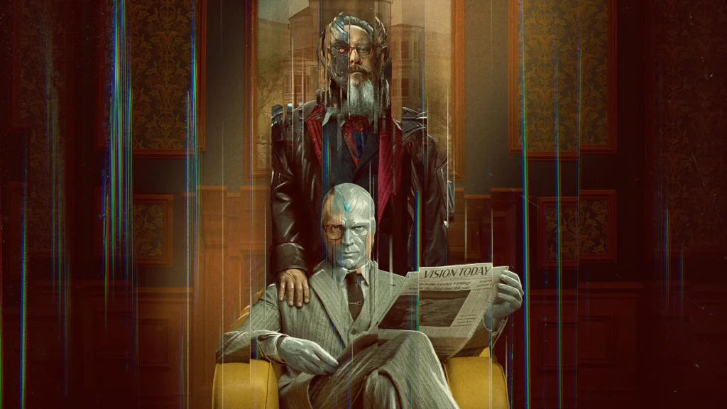 Imagem de divulgação da série ‘VisionQuest’ usada no blog Multi Nerdz. A arte mostra Paul Bettany como Visão sentado em uma poltrona amarela, usando terno cinza e segurando um jornal chamado “Vision Today”, enquanto James Spader como Ultron aparece em pé atrás dele, com aparência parcialmente humana e partes robóticas expostas. O cenário clássico em tons escuros é atravessado por linhas verticais de interferência, reforçando o clima tecnológico e misterioso da série.