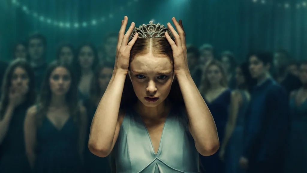 Imagem promocional da série ‘Carrie, a Estranha’, do Prime Video, usada no blog Multi Nerdz. Summer H. Howell aparece em destaque como Carrie White, usando um vestido azul-claro e colocando uma tiara sobre a cabeça, com expressão séria e concentrada. Ao fundo, várias pessoas aparecem desfocadas em um ambiente escuro com iluminação azul-esverdeada, criando uma atmosfera tensa e inquietante.